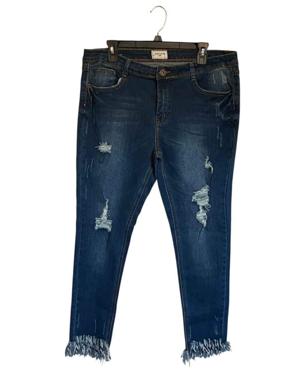 Dark Blue Distressed Women's Jeggings with Frayed Hem